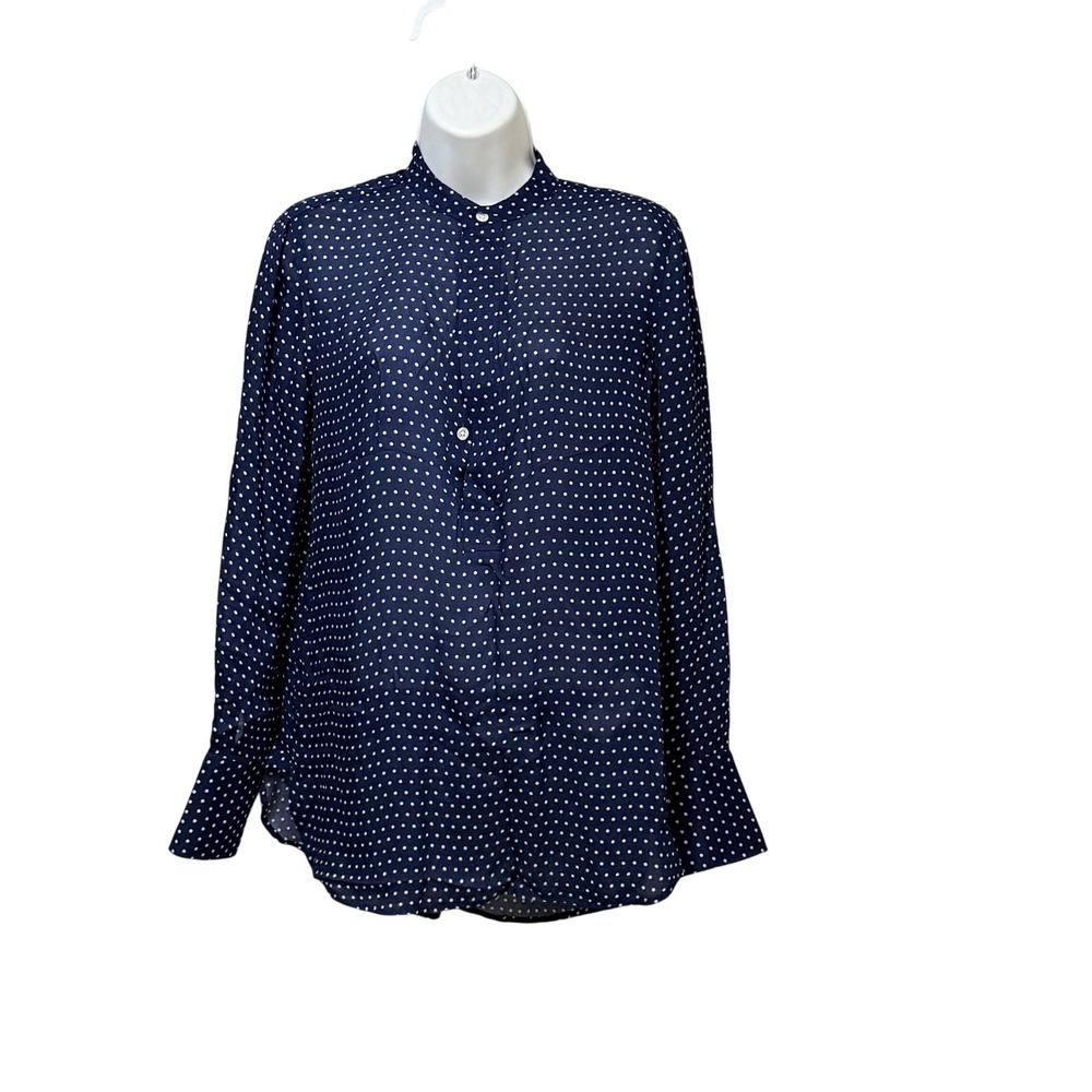 Polo Ralph Lauren Navy Blue Polka Dot Viscose Band Collar Blouse XS